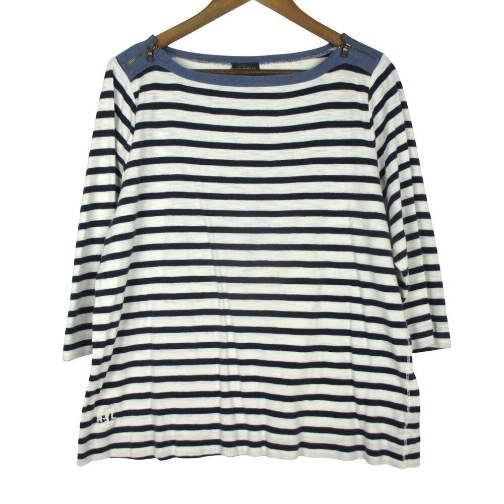 Lauren Ralph Lauren Top 1X White Blue Stripe Knit Boatneck Coastal Nautical Fun